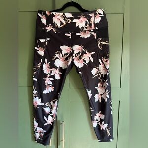 Athleta Black Leggings with Pink & White Floral Accents